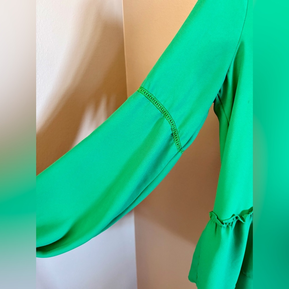 Pleione Small Green V-Neck Peplum Blouse Balloon Sleeve - Picture 3 of 8